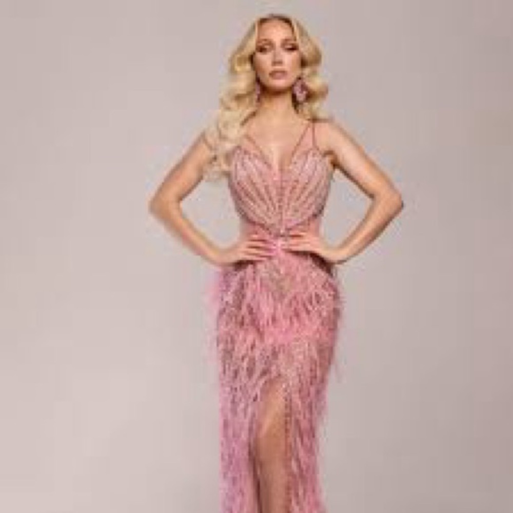 Portia and Scarlett Dusty Rose Feather & Beaded Slit Prom Gown - Picture 3 of 5